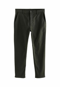 Dark green cotton trousers with a slim fit, featuring front pockets, a button closure, and a smooth texture. Clean design without patterns.