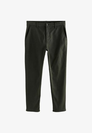 Dunkelgrüne Baumwollhosen mit slim Fit, ausgestattet mit Fronttaschen, einem Knopfverschluss und einer glatten Textur. Sauberes Design ohne Muster.