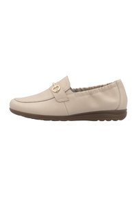 Beige leren instapper met een ronde neus, een elastische kraag en een goudkleurige decoratieve accenten op de strap, met een rubberen zool.