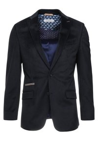 Mörkblå kavaj i texturerat tyg, med enkelknapp, två frampockets och ett mönstrat innerfoder. Silverdetaljer.