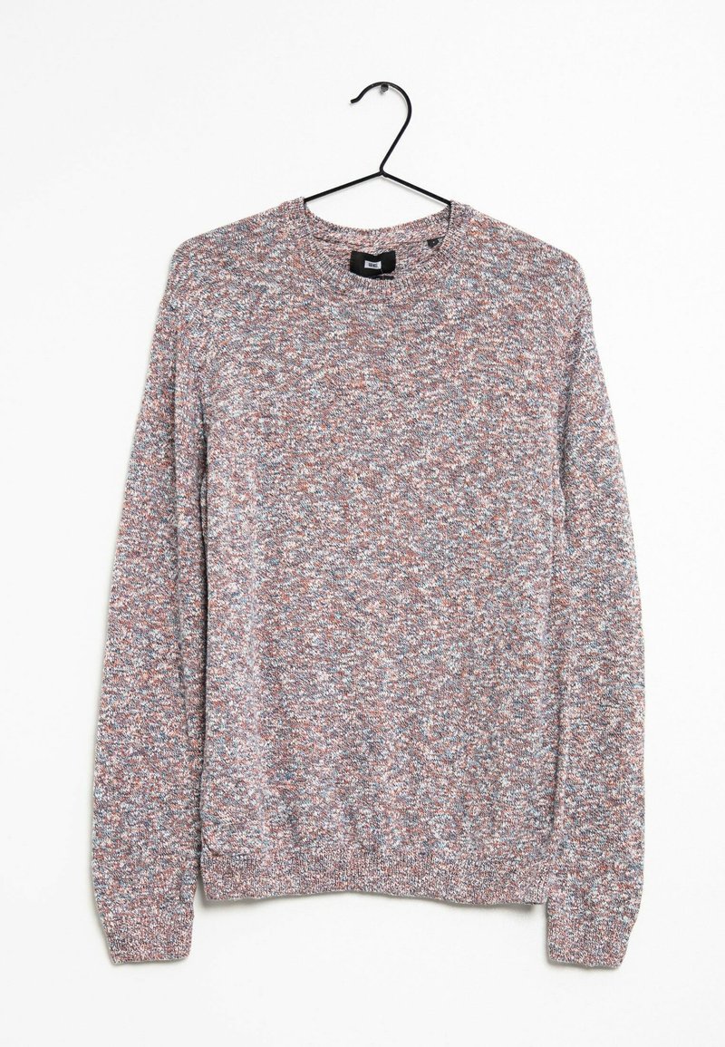 Long-sleeve knitted sweater with mixed gray, white, and brown yarns hanging on a black metal hanger against a white background.