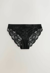Schwarze Spitzenunterwäsche mit gewelltem Rand, floralen Mustern und einem glatten Taillengummi. Hergestellt aus einem transparenten Material mit filigranen Details.