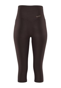 Magas derekú, sötétbarna, vádlitom hosszúságú leggings, elől jobb csípőn kis arany logóval.