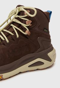 Brązowy but wędrówkowy z fakturowaną cholewką, zielonymi sznurowadłami i beżową podeszwą. Zawiera niebieski akcent na pięcie i branding Gore-Tex.
