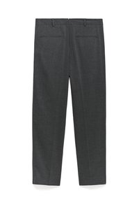 Pantaloni su misura grigio scuro in tessuto strutturato, con davanti piatto, passanti per la cintura e due tasche posteriori. Design a gamba dritta.
