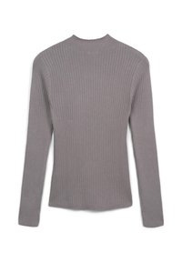 Langarmiger, hellgrauer, gerippter Strickpullover mit einem Stehkragen und figurbetonter Silhouette.