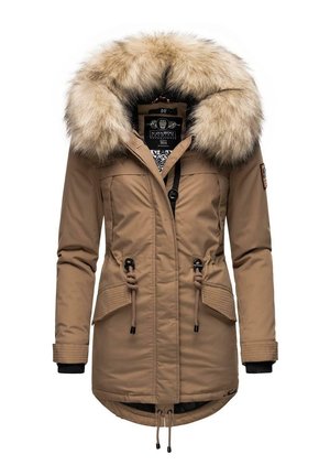 Beige Parka-Jacke mit einer Kapuze aus Kunstpelz, Reißverschluss- und Druckknopfverschlüssen, verstellbaren Kordelzügen in der Taille und zwei Vorderaschen.