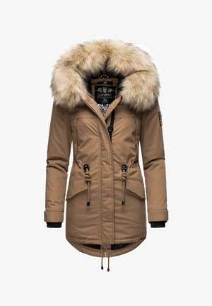 Beige Parka-Jacke mit einer Kapuze aus Kunstpelz, Reißverschluss- und Druckknopfverschlüssen, verstellbaren Kordelzügen in der Taille und zwei Vorderaschen.