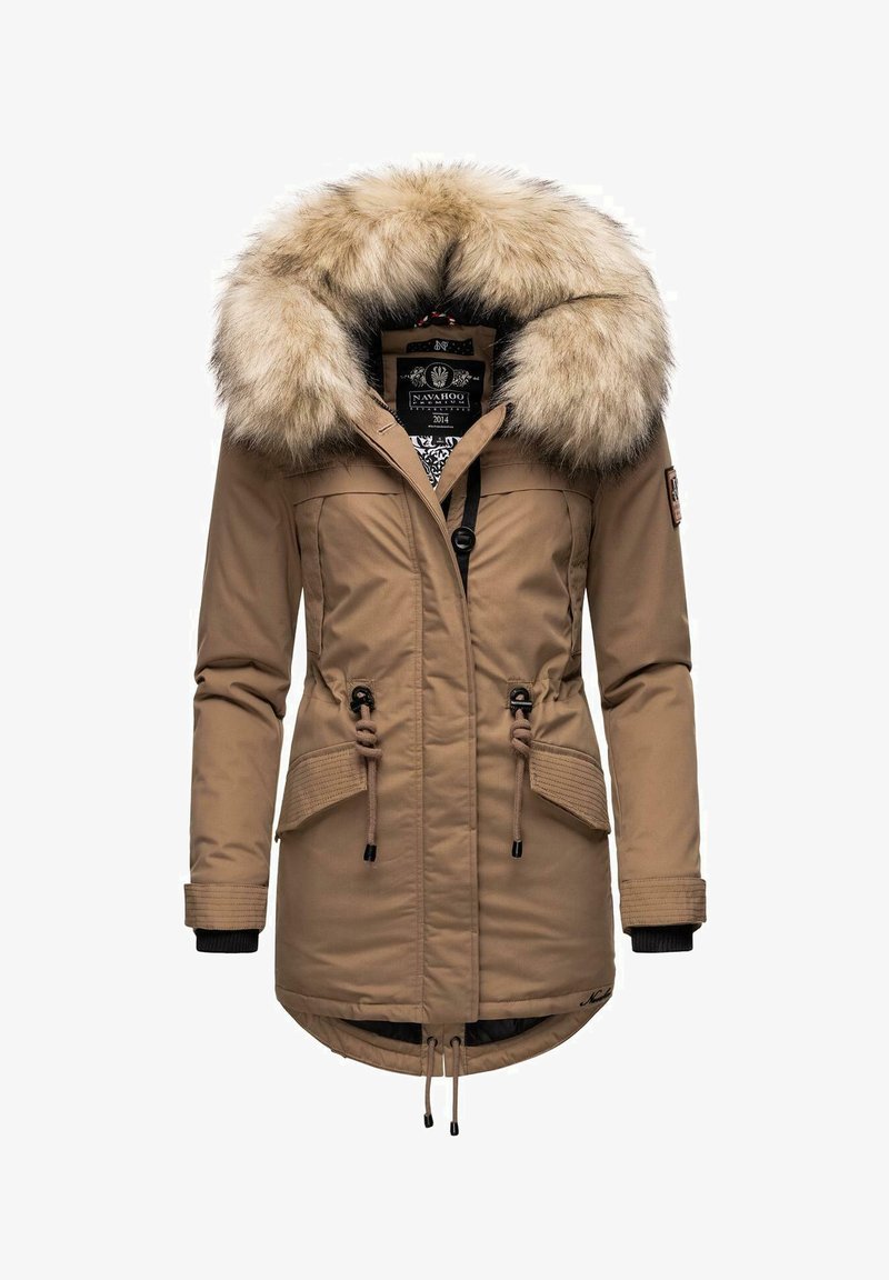 Beige Parka-Jacke mit einer Kapuze aus Kunstpelz, Reißverschluss- und Druckknopfverschlüssen, verstellbaren Kordelzügen in der Taille und zwei Vorderaschen.