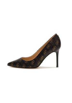 Black pointed-toe high heel with a textured finish and gold logo pattern. Features a slender stiletto heel and beige interior lining.