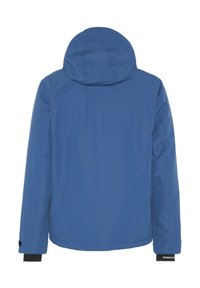 Blaue Kapuzenjacke mit glattem Textur; zeichnet sich durch einen geraden Schnitt, elastische Bündchen und ein Logodetail am Saum aus. Rückansicht hervorgehoben.