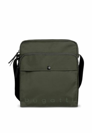Petit sac bandoulière vert olive avec poche avant zippée et à pression, sangle noire réglable, et logo discret "bugatti" en bas.