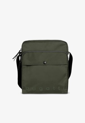 Small olive green crossbody bag with front zip and snap pocket, black adjustable strap, and subtle "bugatti" logo at bottom.
