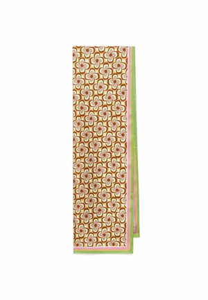 Lunga sciarpa rettangolare con motivo floreale astratto ripetuto in marrone, rosa, verde e bianco, bordata da strisce rosa e verdi