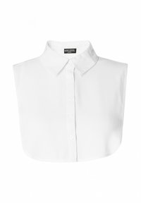 Witte mouwloze shirt met een kraag, voorzien van een sluiting met knopen aan de voorkant en een gladde stoftextuur; afgeronde zoom zonder mouwen.