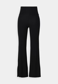 Black flared pants made of stretchy fabric, featuring a high waist and a smooth texture. The hem flares out gently from the knee.