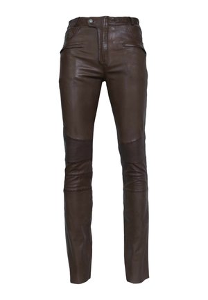 Bruine leren broeken met een slim fit, met twee voorzakken, een ritssluiting en geribbelde details op het kniegebied.