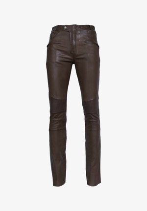 Braune Lederhosen mit schmalem Schnitt, ausgestattet mit zwei Vordertaschen, einem Reißverschluss und gerippten Details im Kniebereich.