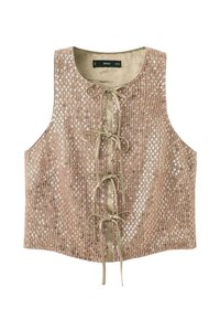 Chaleco de lentejuelas en color oro rosa con escote redondeado, parte frontal con cordones y lazos de satén. Superficie texturizada con un diseño ajustado y corto.