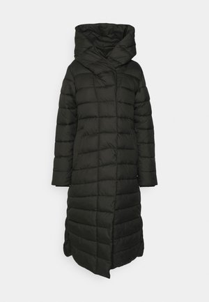 Black long quilted puffer coat with large collar, asymmetrical front closure, and long sleeves, designed for cold weather.