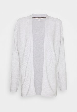 Graue Strickjacke aus weichem, gestricktem Material. Offenes Vorderdesign mit geripptem Muster an den Ärmeln. Lange Ärmel und entspannte Silhouette.