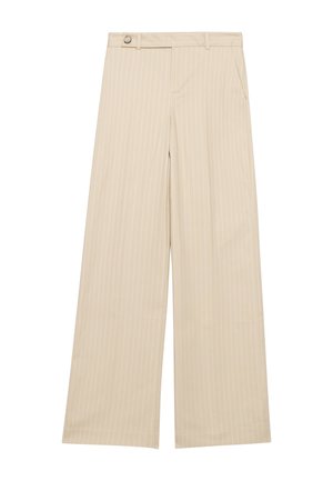 Beige wijde broek met witte verticale strepen, voorzien van een knoopsluiting, zijzakken en een gladde textuur.