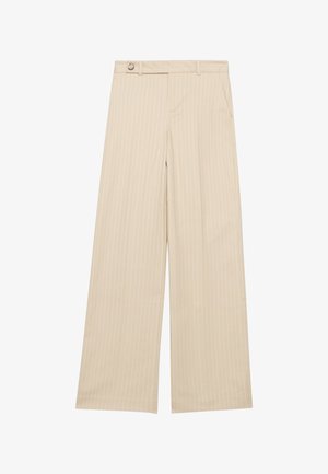Beżowe spodnie z szerokimi nogawkami z białymi pionowymi paskami, z zapięciem na guzik, kieszeniami z przodu i gładką teksturą.
