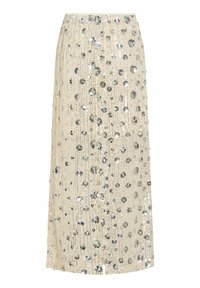 Jupe longue beige ornée de sequins argentés et de lignes verticales de perles, avec une fente frontale subtile.