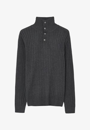 Dunkelgrauer, gerippter Pullover mit hohem Kragen, drei Knöpfen und langen Ärmeln. Hergestellt aus einem weichen, strukturierten Strickmaterial.