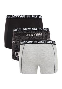 Tri pari moških bokseric: črne, sive in črno vzorčaste. Material je bombaž z elastiko v pasu, ki nosi logotip "SALTY DOG".