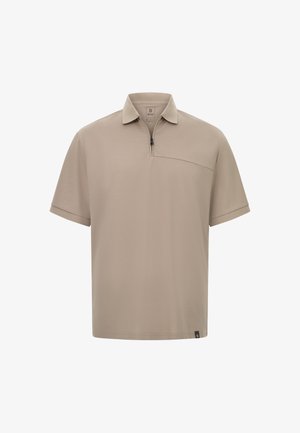 Short-sleeve polo shirt in light beige, featuring a half-zip neck, chest pocket, and a smooth texture with minimalistic design.