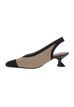 Scarpa slingback in rete beige e nera con punta appuntita e tacco kitten svasato unico.