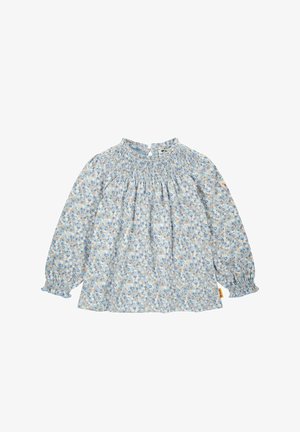 Dívčí blůzka s dlouhým rukávem, modrým, béžovým a bílým květinovým vzorem, nařaseným výstřihem a volánkovými elastickými manžetami.