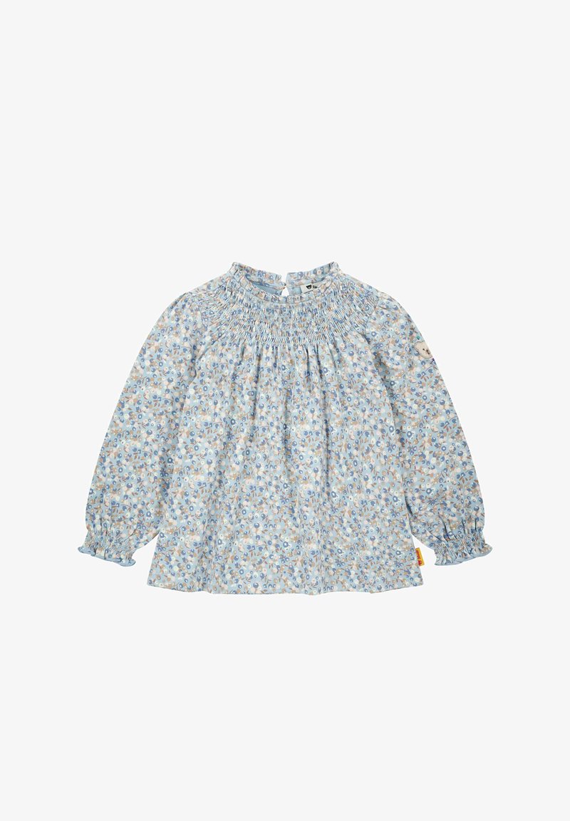 Langärmlige Babbluse mit blauem, beige-weißem Blumenmuster, gerafftem Ausschnitt und elastischen Rüschenbündchen.