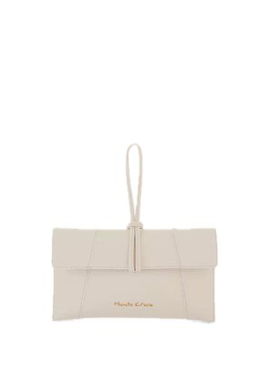 Pochette beige in pelle con manico ad anello e logo "Manila Grace" in lettere dorate al centro davanti.