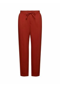 Czerwone spodnie dresowe z elastycznym paskiem w talii, detal sznurków, boczne kieszenie i zwężający się krój nogawek. Lekkie, gładkie w dotyku.
