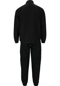 Svart sportig träningsoverall bestående av en långärmad topp med ståkrage och elastiska ärmslut, ihop med matchande byxor med elastisk midja.