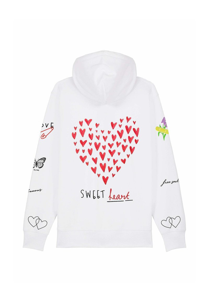 Felpa bianca con un motivo centrale a forma di cuore rosso, decorata con vari piccoli grafica tra cui farfalle e iscrizioni sulle maniche.