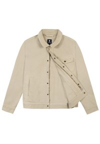 Beige Cordjacke mit Kragen, Druckknöpfen, einer Fronttasche und Seitentaschen. Strukturierter Stoff mit einem schlichten Design.