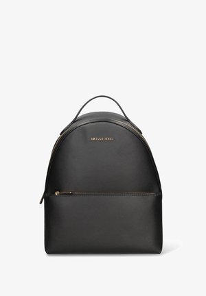 Zaino in pelle nera dalla forma arrotondata, con cerniera color oro e tasca frontale. Dotato di manico superiore per una comoda presa.