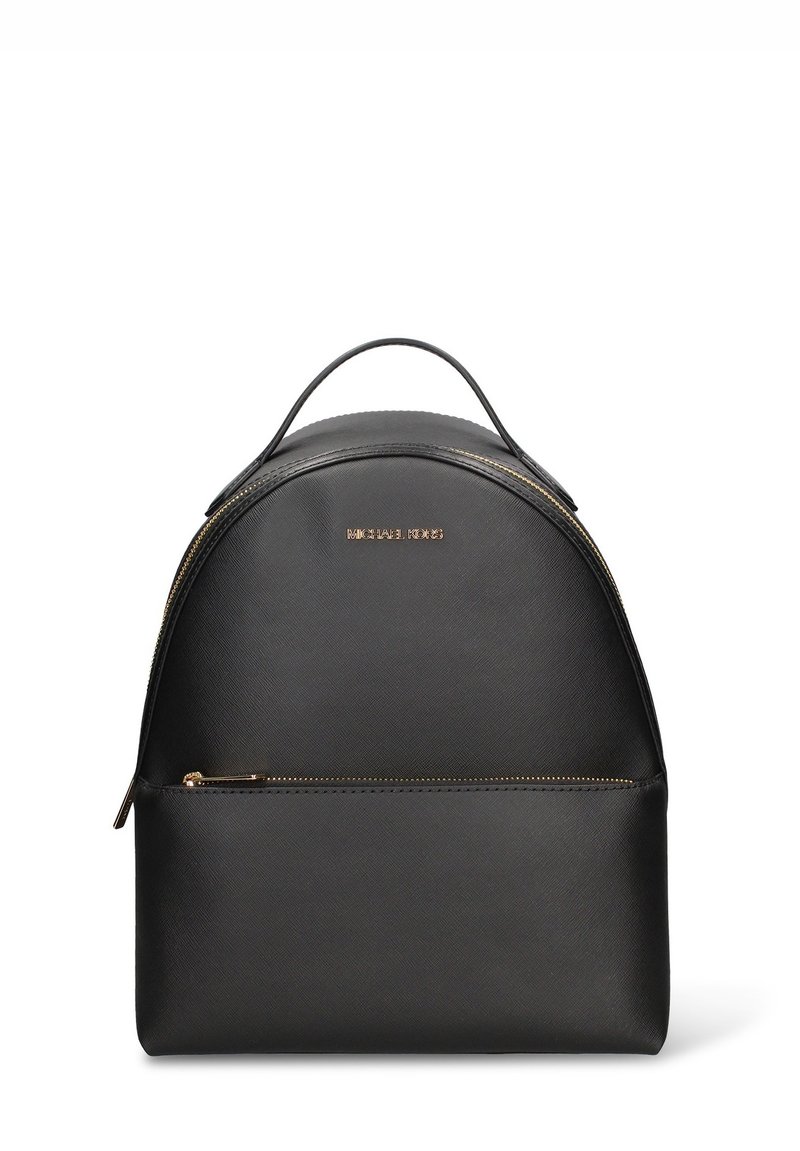 Zaino in pelle nera dalla forma arrotondata, con cerniera color oro e tasca frontale. Dotato di manico superiore per una comoda presa.