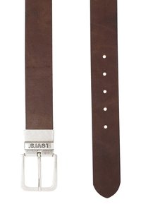 Brown leather belt with a square silver metal buckle, features five holes for adjustable sizing, smooth texture, and branded logo.