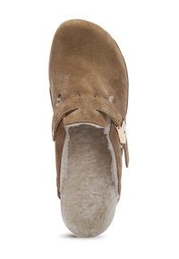 Braune Wildleder Slipper mit einem weichen, künstlichen Fellfutter und einer dekorativen Schleife. Mit einer abgerundeten Zehenpartie und einer flachen Sohle, die für Komfort sorgt.