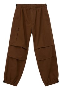 Brown cargo pants with an elastic waistband, two side pockets, and a gathered cuff design. Lightweight fabric with a smooth texture.