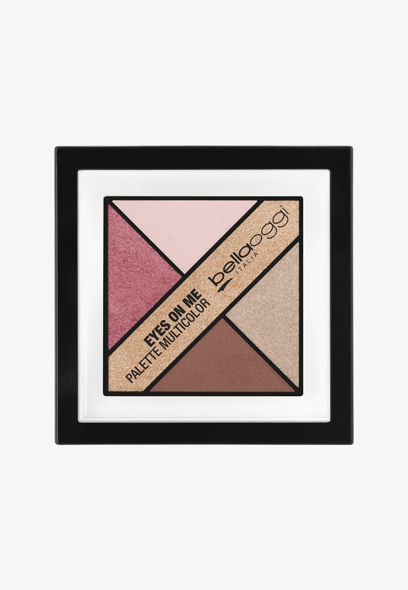 Palette di ombretti compatta multicolore con cinque tonalità: rosa chiaro, rosa, oro, beige e marrone, in una custodia quadrata nera.