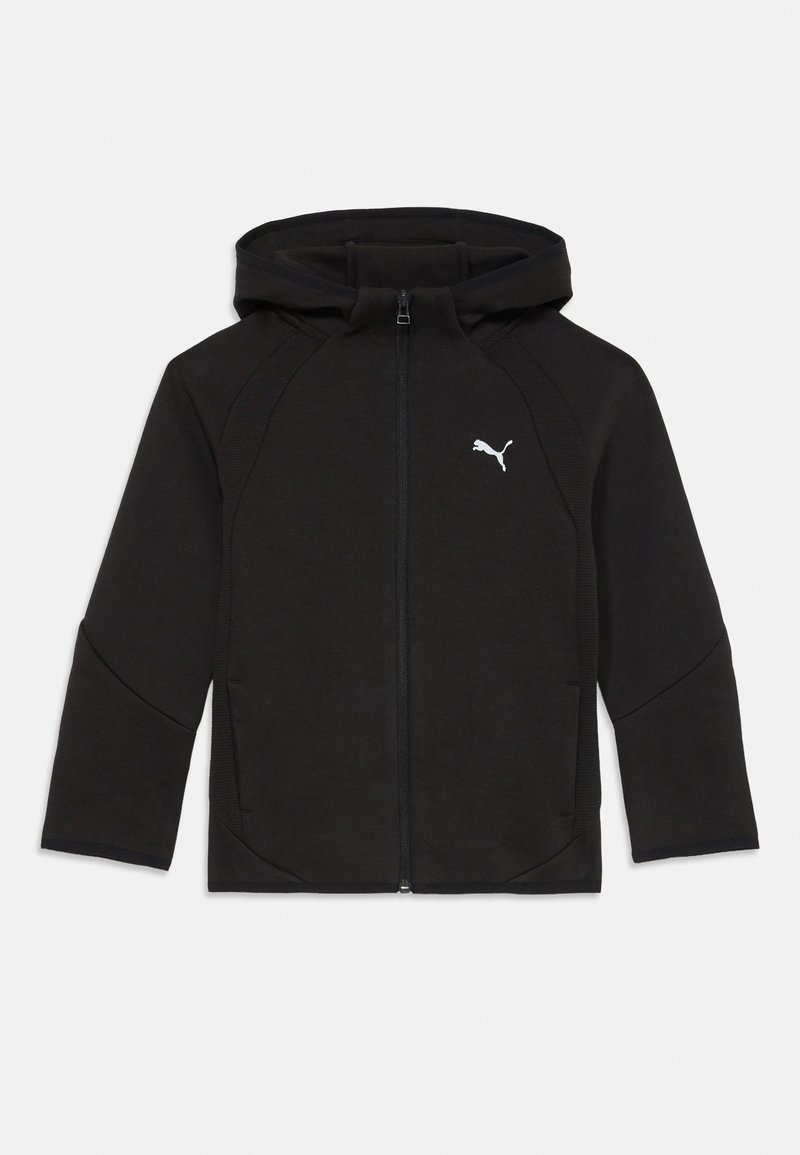Felpa nera con zip, dal tessuto morbido, cappuccio e tasche laterali. Presenta un logo Puma bianco nella zona sinistra del petto.