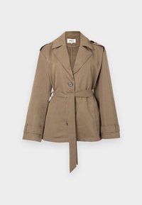 Brown belted jacket with a notched collar, button closure, and long sleeves. Made of a smooth, lightweight material. Suitable for layering.