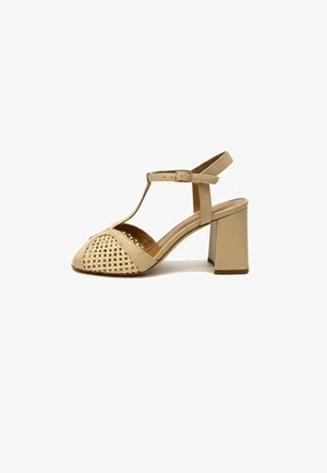 Sandalo beige con tacco da donna, cinturino alla caviglia, design con cinturino a T, dettaglio anteriore intrecciato e tacco a blocco.