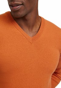 Sweater a V nel colore arancione, con una texture a maglia fine, scollatura a coste e una vestibilità aderente che si adatta al corpo.