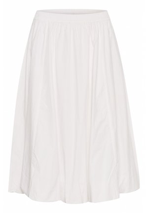 White midi skirt made of lightweight fabric, featuring an elastic waistband and a gathered design that falls to a flared hem.